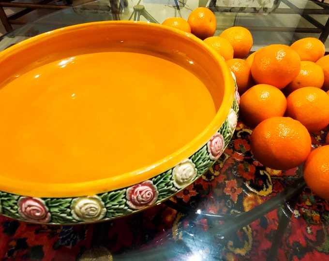 Fabulous Majolica Bowl from Eichwald Czechoslovaki. Orange w/ mauve bottom and pink and yellow roses and green leaves embossed on outer rims