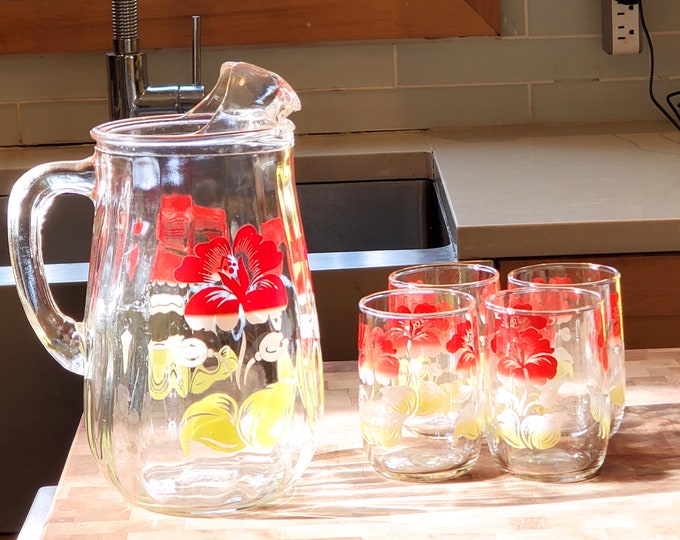 Adorable little Floral Glass Juice Pitcher with Red and yellow Flowers and 4 Matching Glasses