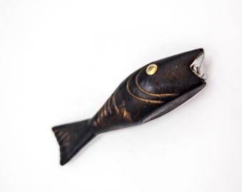 Mid Century Carved Wood Fish Bottle Opener with brass eyes and metal mouth, Vintage Beach House Decor, Cool Barware