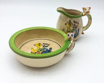 Rare China Childs Cereal Bowl, Milk Jug, Made in Japan with Green Rim and Singing Cat Design, Cat Handles as well!
