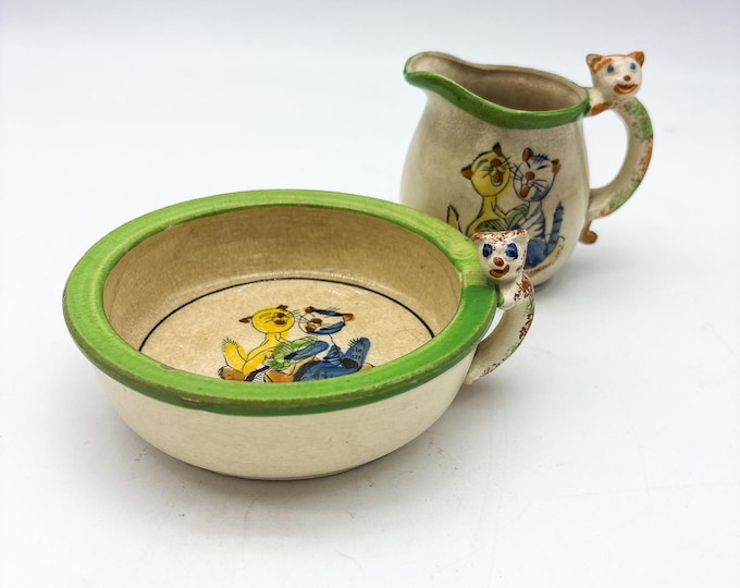 Rare China Childs Cereal Bowl, Milk Jug, Made in Japan with Green Rim and Singing Cat Design, Cat Handles as well!