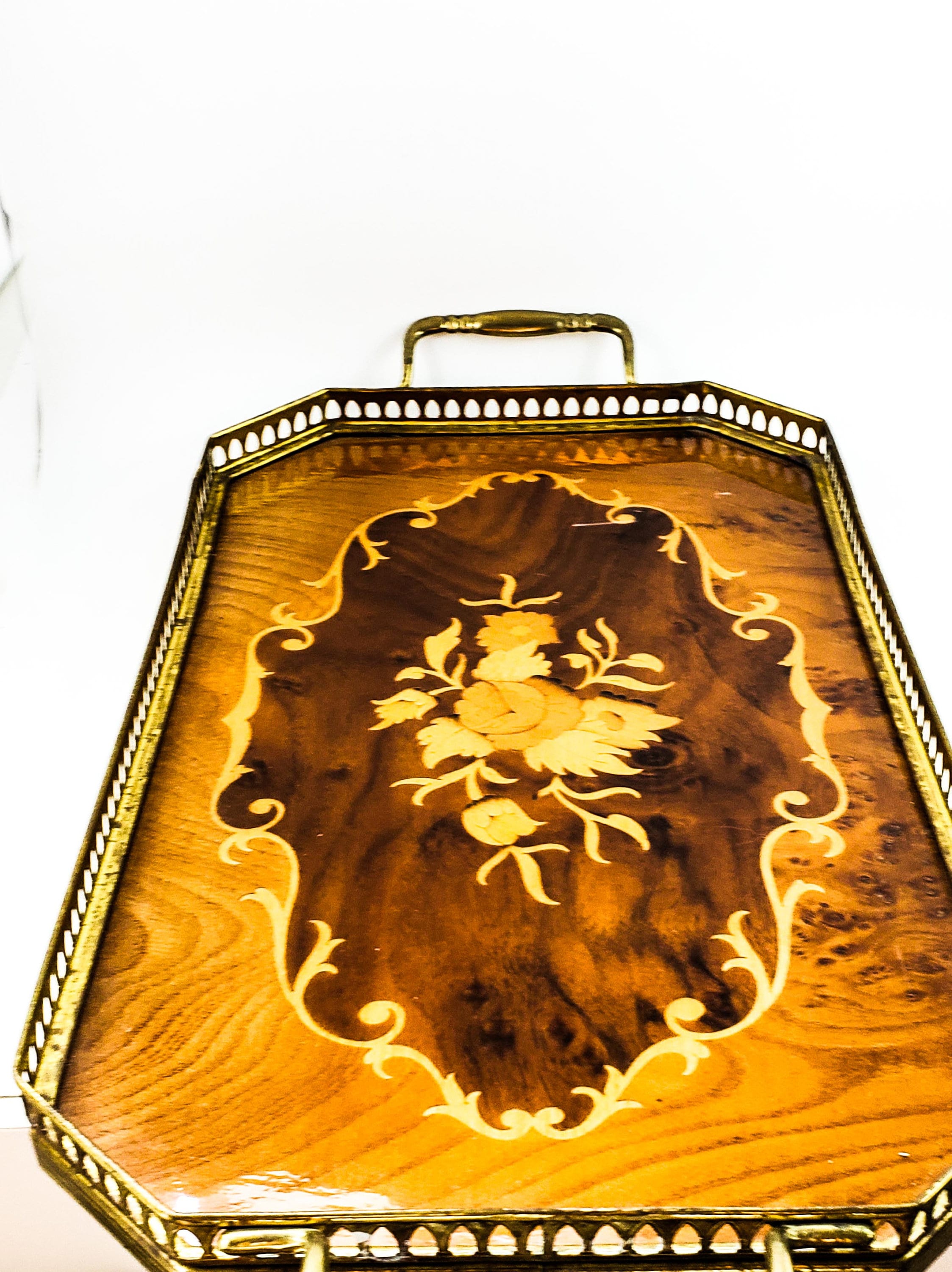 Mid Century Modern Inlay Wood and Brass Tray/Platter by Birks, with