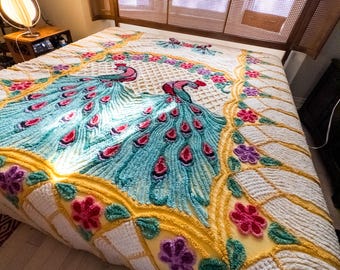 Stunning Vintage Loving Teal Peacocks on a White Canvas with Yellow Cathedral sides