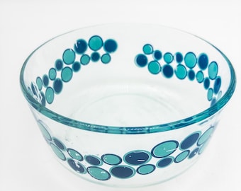 One Pyrex Clear Vintage Bowl with Blue Polka Dots Marked Pyrex on bottom 1 Quart