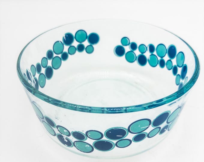 One Pyrex Clear Vintage Bowl with Blue Polka Dots Marked Pyrex on bottom 1 Quart