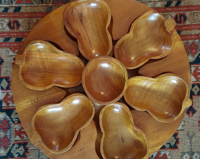 Vintage Wood Pedestal Appetizer Platter with 6 Serving Pods and Centre Bowl