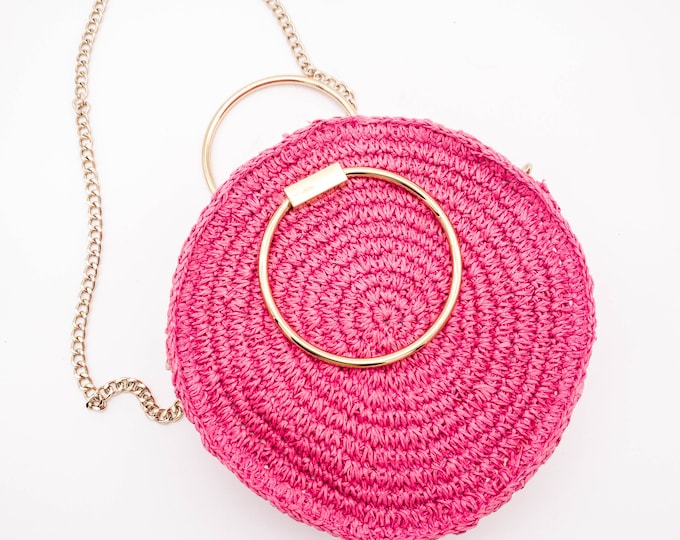 Stunning 1980's Vintage Hot Pink Raffia Purse from H+M with Brass Ring Handles and Chain