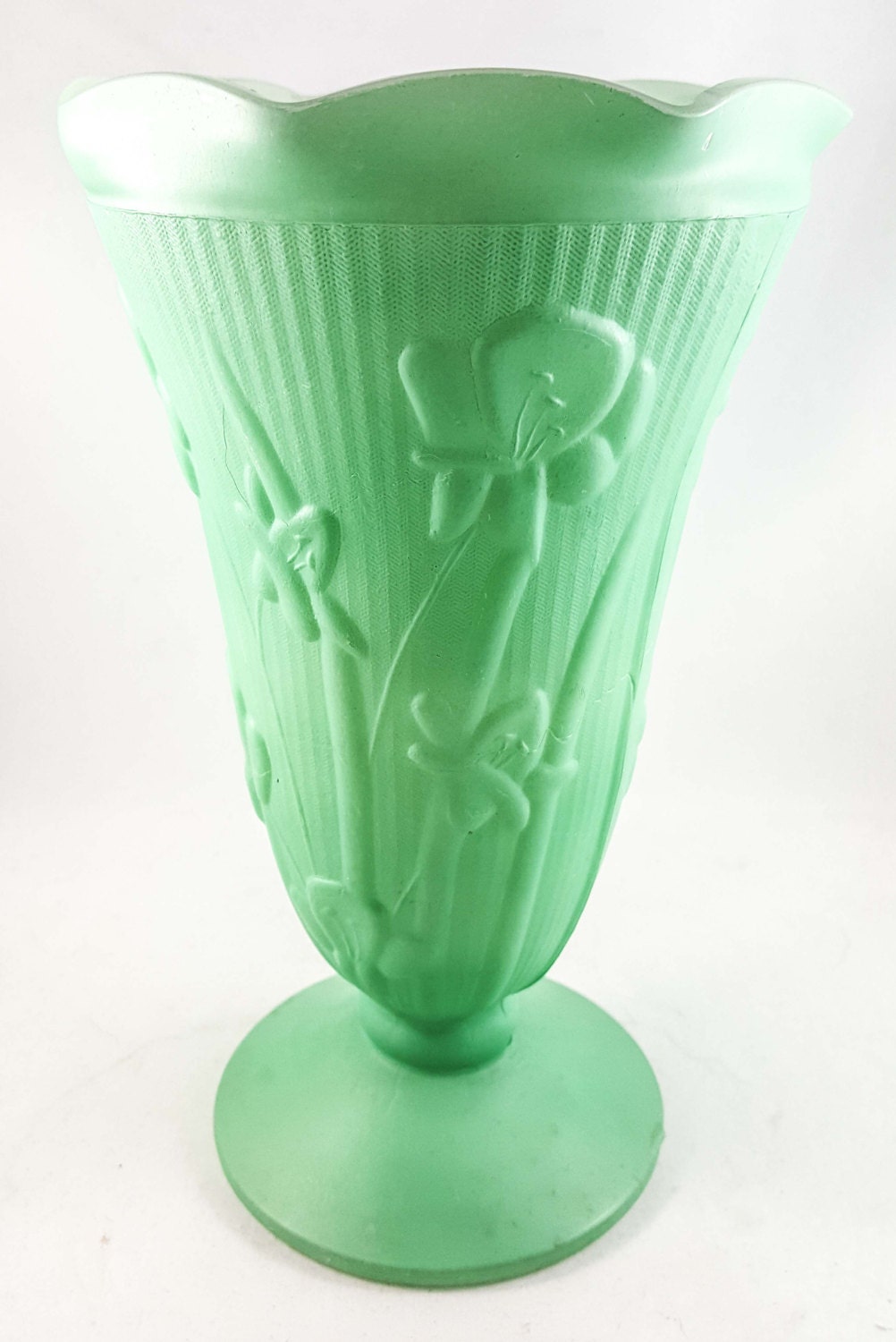 Beautiful Translucent Jade Milk Glass Pedestal Vase with Floral Relief