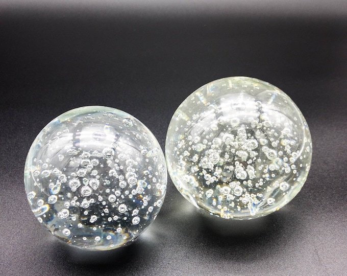 2 Clear Bubble encased paperweights, Art Glass, Collectible Glass