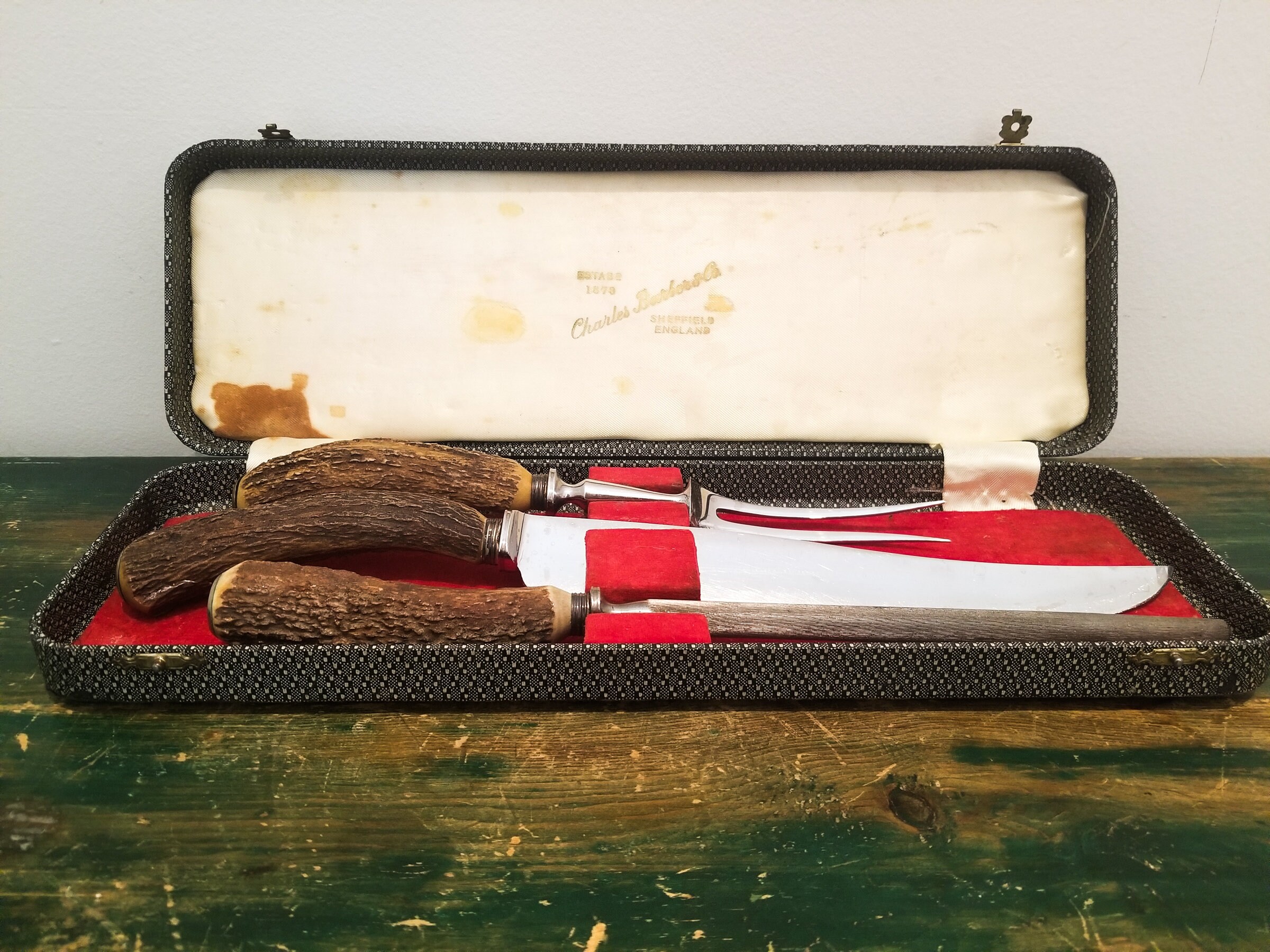 Genuine Stag/Antler Handle 3 Piece Carving Set Cased Made In Sheffield