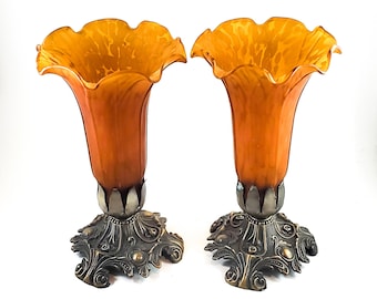 Fantastic Art Deco Flared Trumpet Shade Opalescent Caramel Colored Mantle Candle Sticks