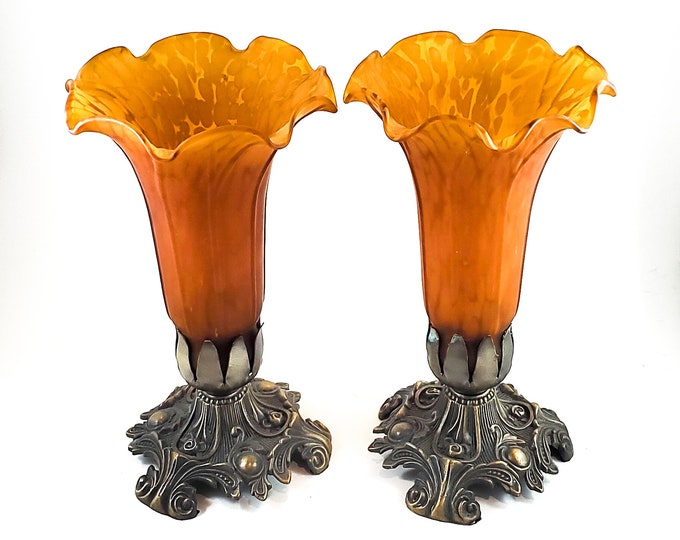 Fantastic Art Deco Flared Trumpet Shade Opalescent Caramel Colored Mantle Candle Sticks
