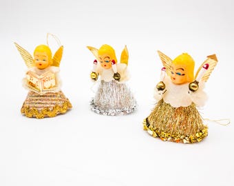Putz Angel Ornaments x 3 with gold wings and glitter skirts