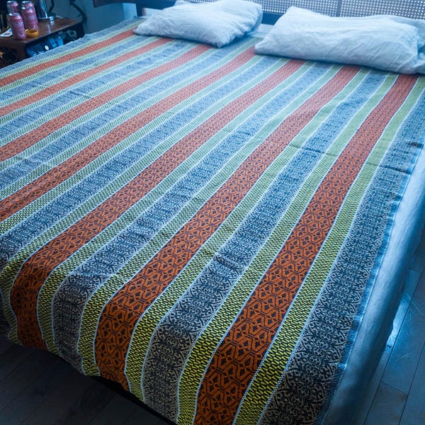 Gorgeous 1970's  Cotton Bedspread/Blanket with orange, Yellow and Brown detailing in wide stripes