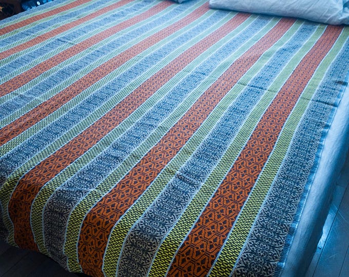 Gorgeous 1970's  Cotton Bedspread/Blanket with orange, Yellow and Brown detailing in wide stripes