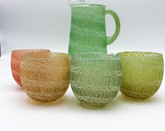 Mid Century Lime and White Glass, Spun Spaghetti Surface Pitcher, with matching roly poly glasses