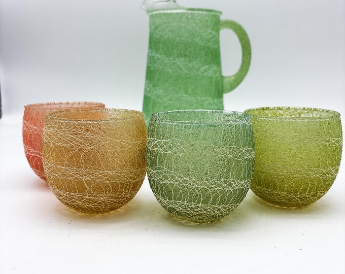 Mid Century Lime and White Glass, Spun Spaghetti Surface Pitcher, with matching roly poly glasses