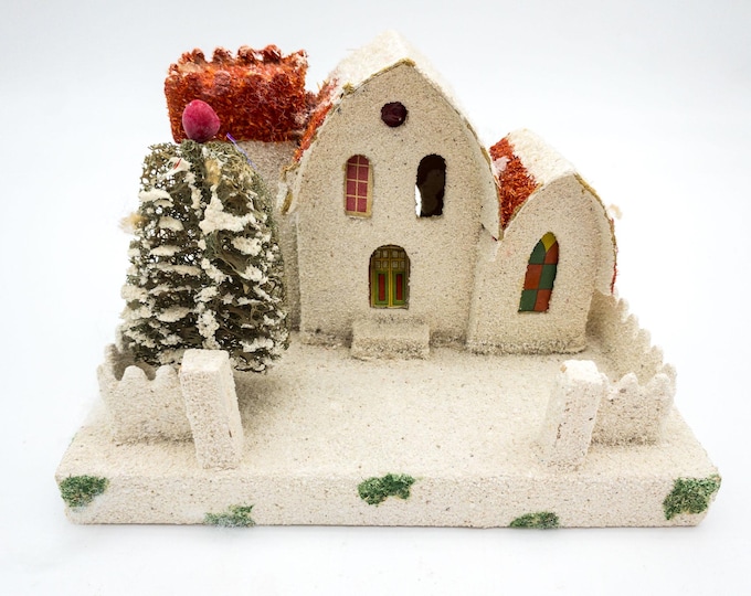 Vintage 1950s  Red and White  Glitter Putz House Ideal Christmas Decoration - with Bottle Brush Tree