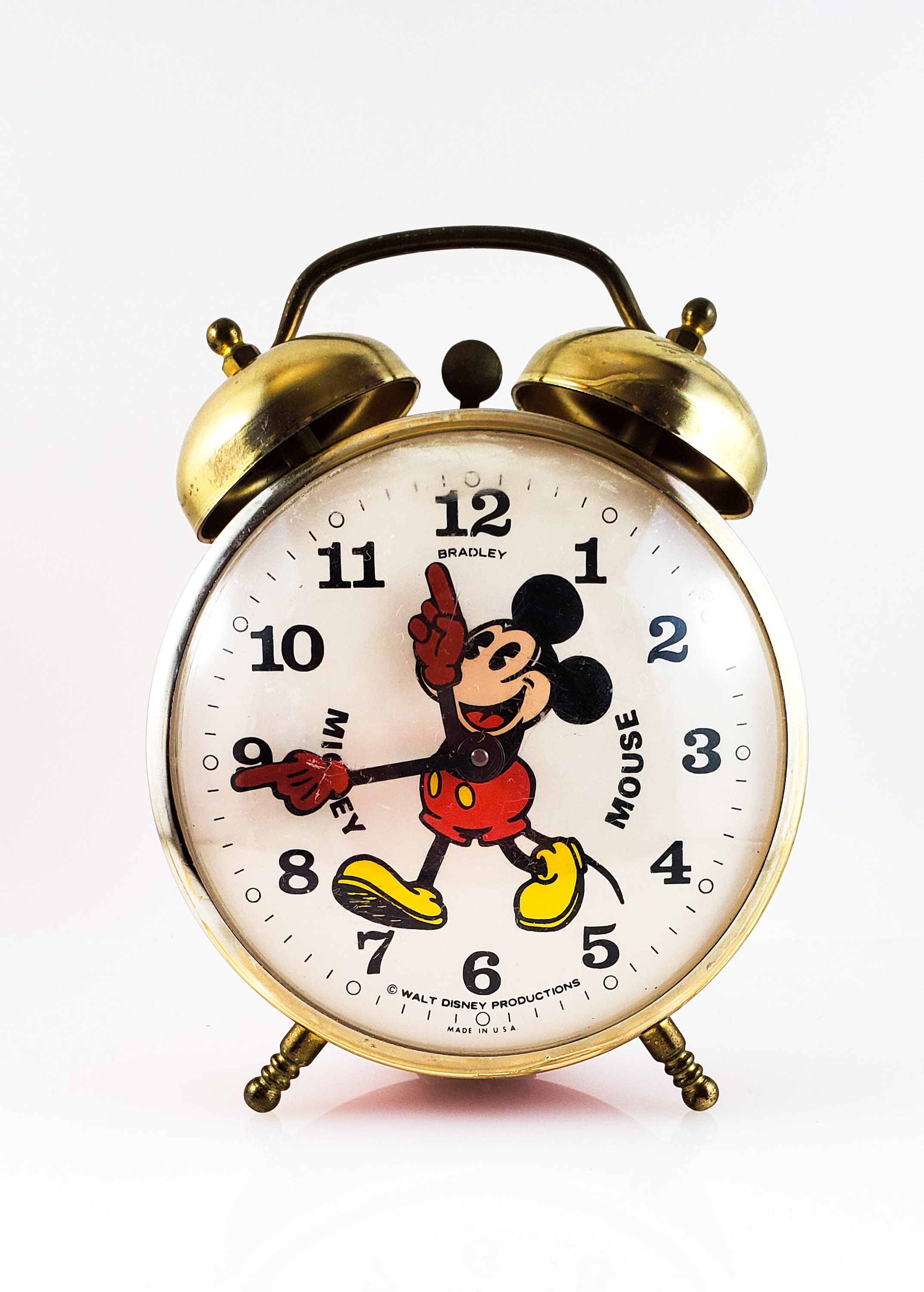 Vintage collectible Twin Bell Footed Bradley Mickey Mouse Wind Up Alarm Clock 1960's