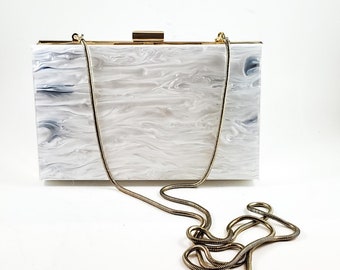 Fabulous White Marbleized Pearlised Lucite Handbag with Brass Chain Handle