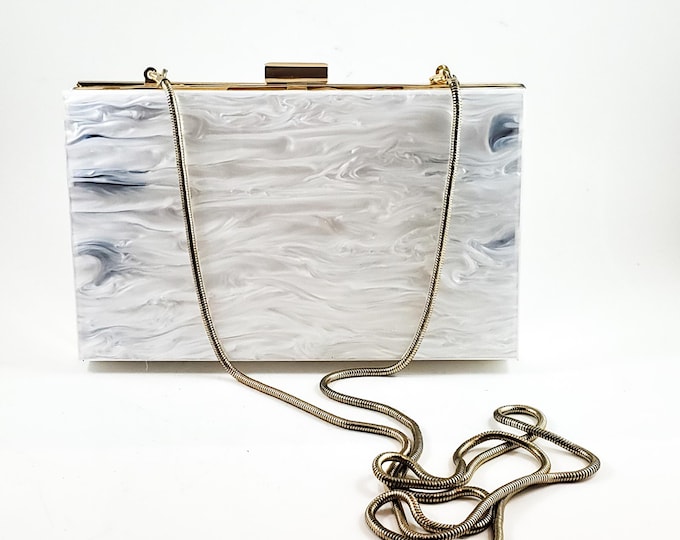 Fabulous White Marbleized Pearlised Lucite Handbag with Brass Chain Handle