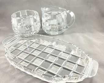 Vintage Gorgeous Clear and Frosted Glass Jeanette Cube Depression Set with Tray, Cream and Sugar