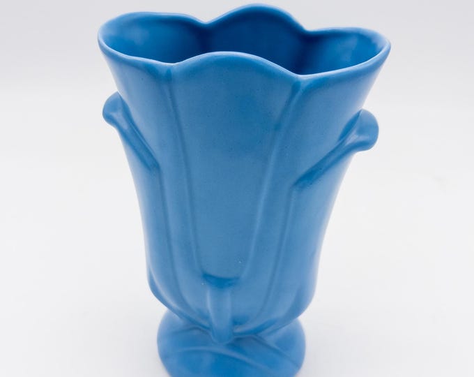 Gorgeous Bauer Matte Blue Vase with Scalloped Rim and stylized Handles