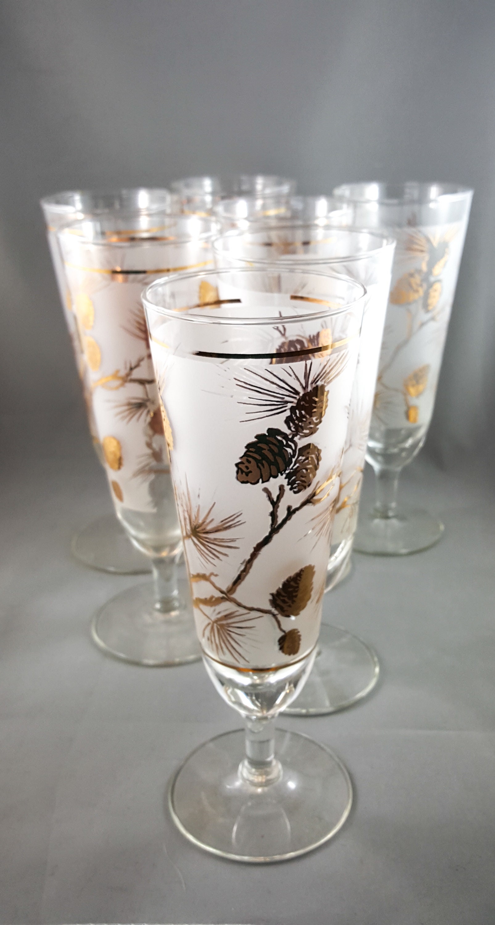 Libbey Frosted Gilt Pilsner Beer Glass Set 8 glasses with Pine Cone Motif