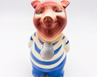 Ceramic Piggy Bank in Striped T-shirt with long lashes, Collectible Kitsch Piggy Bank