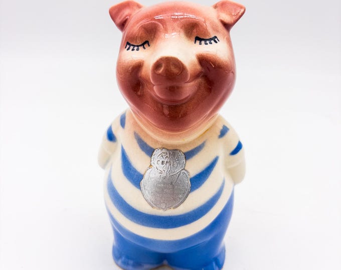 Ceramic Piggy Bank in Striped T-shirt with long lashes, Collectible Kitsch Piggy Bank