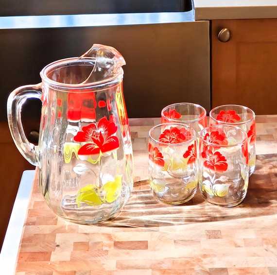 Adorable Little Floral Glass Juice Pitcher With Red and Yellow