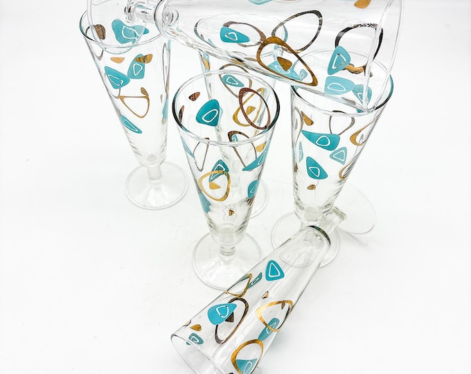 Mid Century Libbey Atomic amoeba Boomerang Pattern in Aqua & 22 Kt Gold, 6 Pilsner Glasses