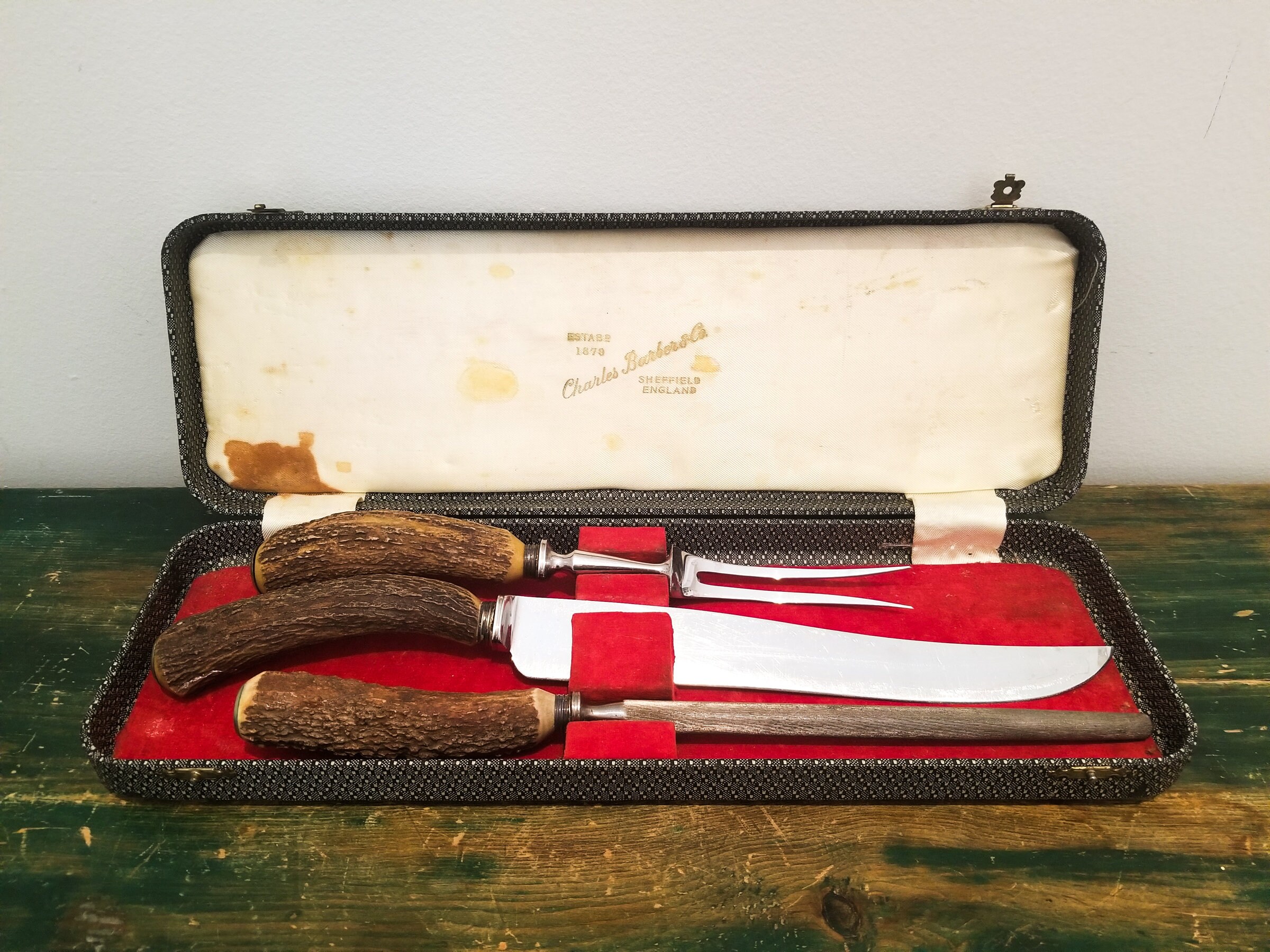 Genuine Stag/Antler Handle 3 Piece Carving Set Cased Made In Sheffield