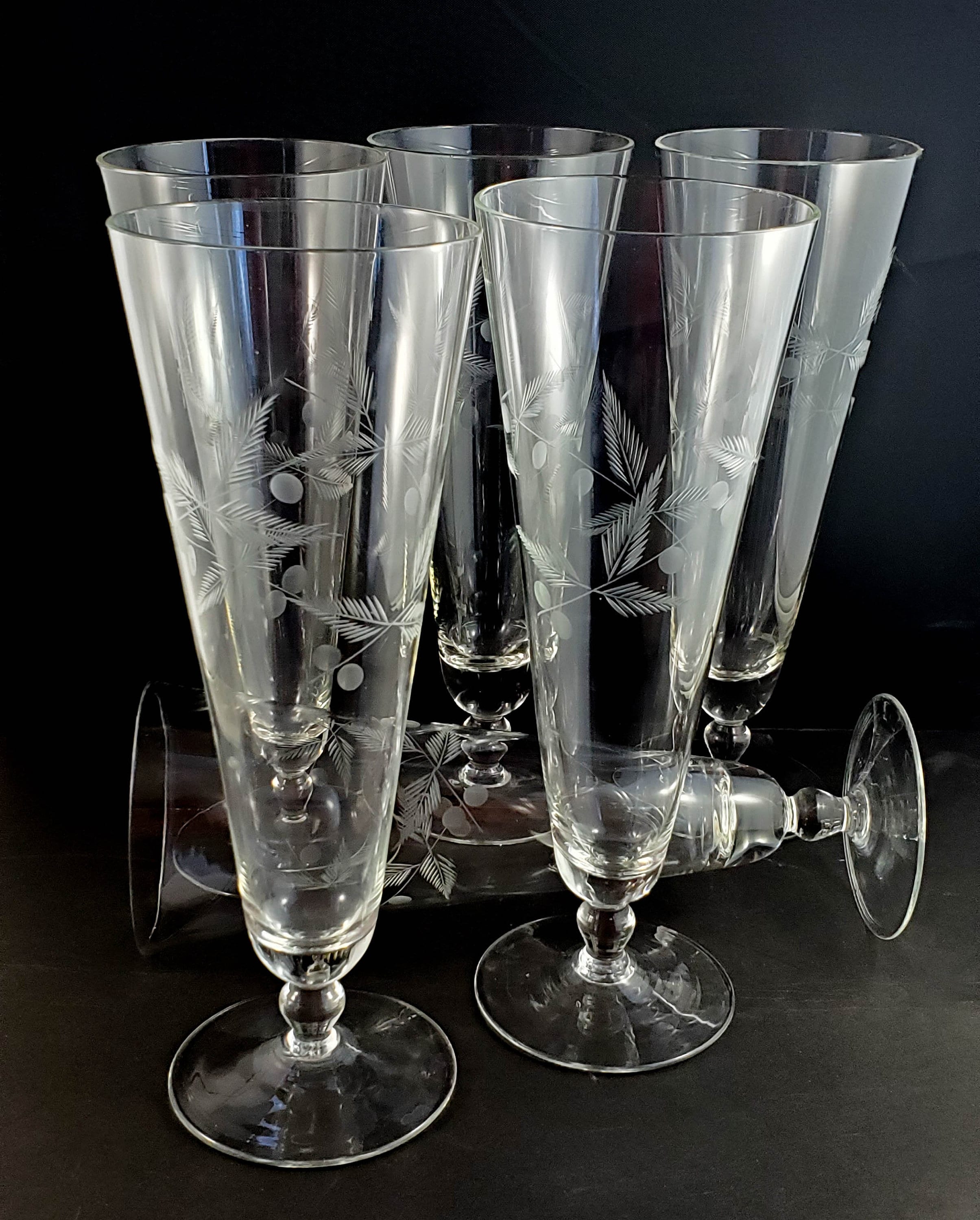 6 Vintage Pilsner glasses etched leaf and berry sprays with coned