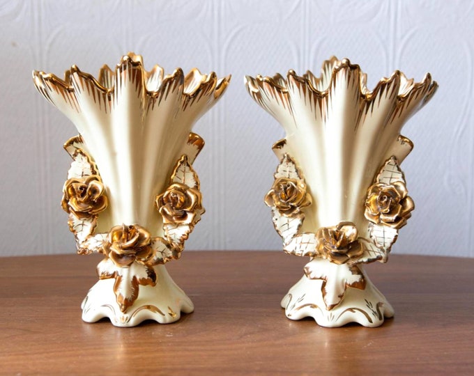 Stunning Vintage White Art Nouveau Capodimonte Flower Vases with Raised Florals and Scalloped Rim