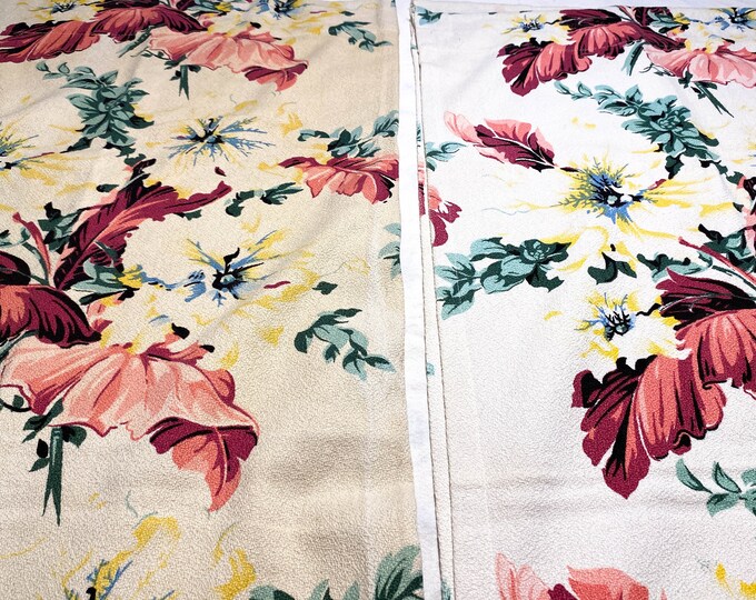 Gorgeous Curtain Panels of 1940's Bark Cloth with ivory back ground and Green, red, and Blue Florals and Leafy Fronds.