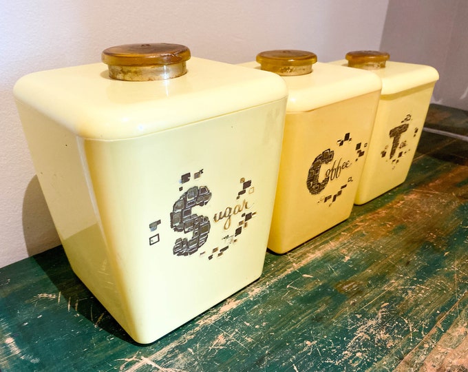 Beautiful Classic Yellow Nesting Kitchen Canisters, Sugar, Coffee, Tea