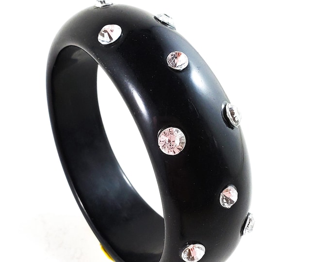 Stunning BLACK Acrylic/Bakelite Bangle Studded with Rows of Dazzling Rhinestones