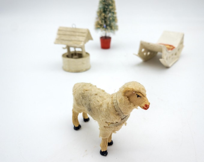 Vintage Christmas scene with Spun Cotton Sheep with Putz Wishing Well Sled and Bottle Brush tree