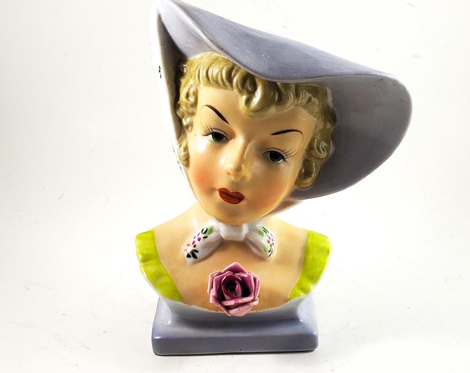 Vintage Inarco Mid Century Lady Head Vase in Elegant Lavender with Floppy Hat