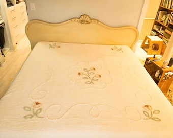 Gorgeous Pale Yellow Queen Chenille Bedspread with Pastel Floral Embellishment