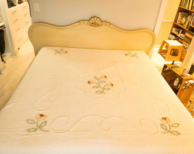 Gorgeous Pale Yellow Queen Chenille Bedspread with Pastel Floral Embellishment