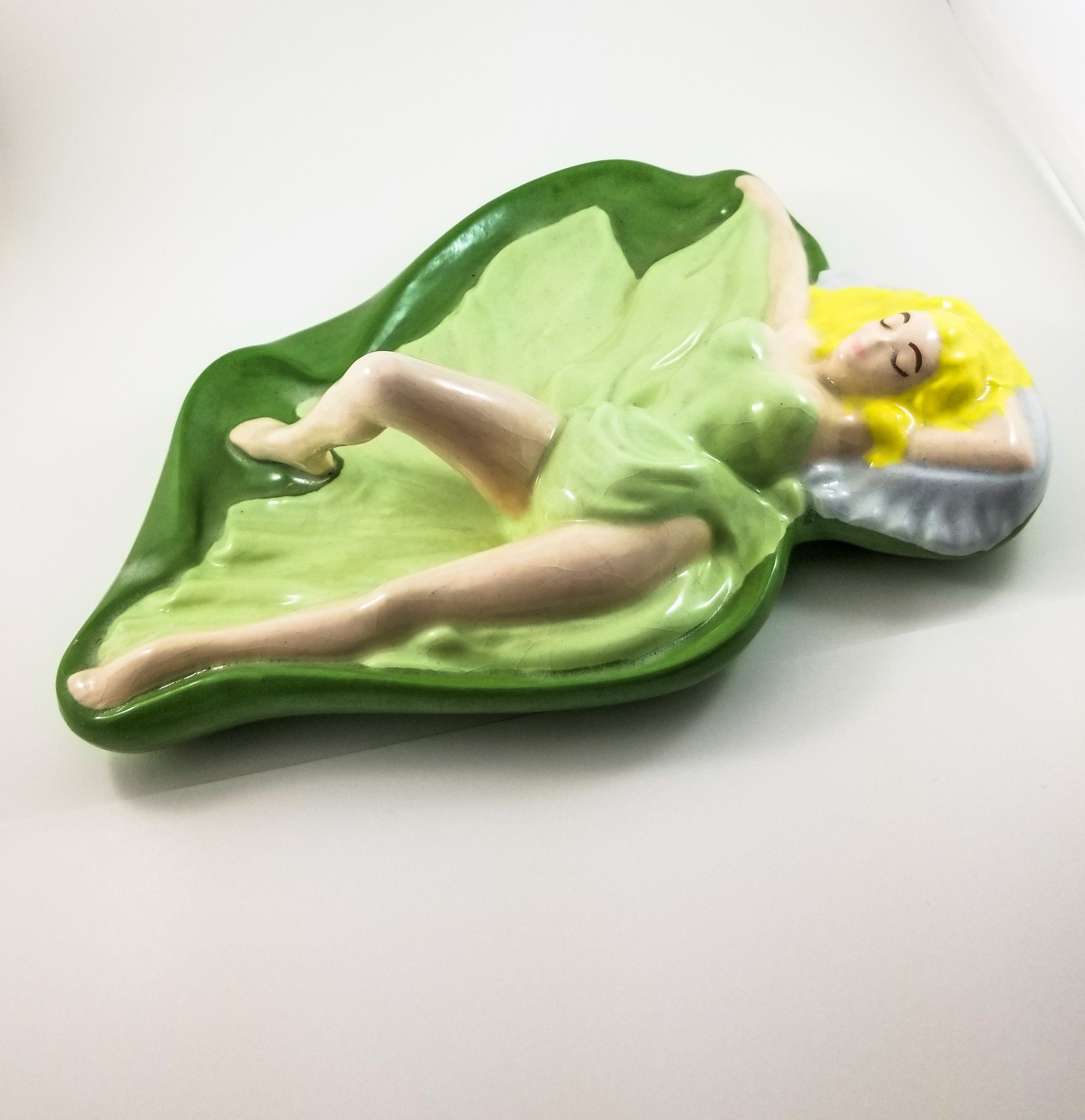 Vintage Green Pin Up Girl Jewelry Dish, Ash Tray, Woman Laying Down