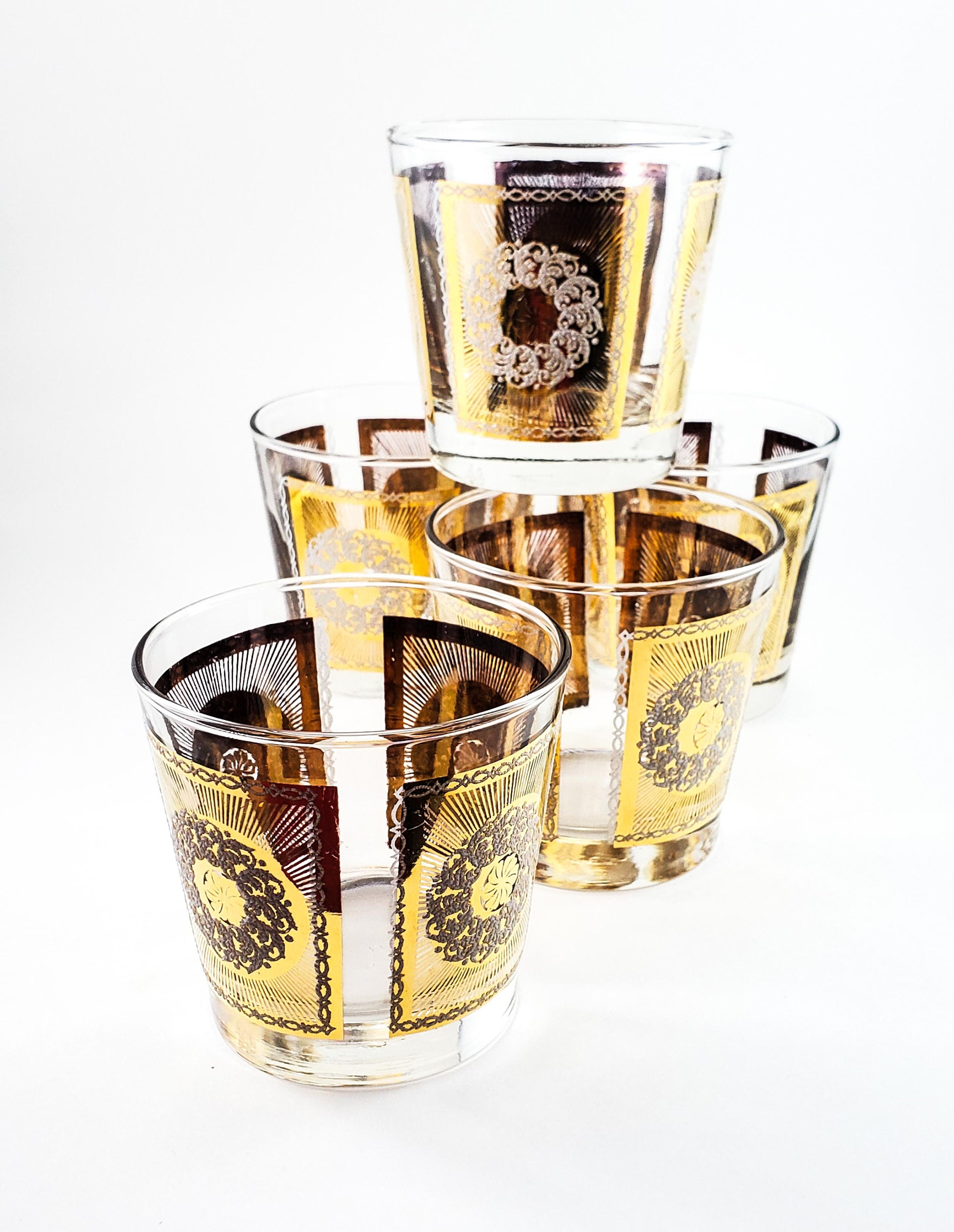 Awesome Vintage Mid Century Gold Embossed Whiskey Glasses with White