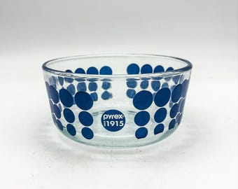Pyrex 100th Anniversary 1915 Dots 1 QT Clear Vintage Bowl with Navy Blue Polka Dot Pattern