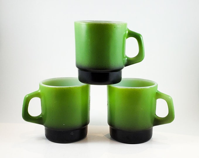 Anchor Hocking Fire-King Green Stacking Coffee Mug with Black Bottom x 3