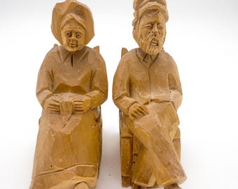 Vintage Audet carved folk figures -Canadian Traditional Quebec Hand Carved wood Folk art , Painted and Unpainted Old Folks in Rocking Chairs