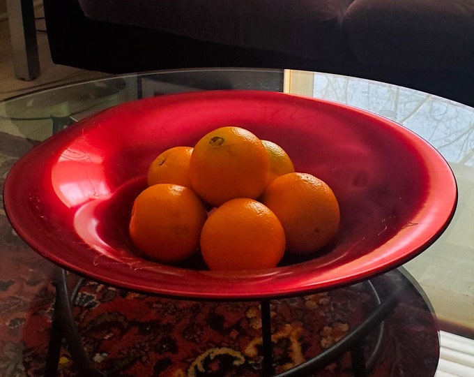Gorgeous Red Anodized Aluminum Salad/Fruit Bowl. Low Profile with Etched Leaf Pattern.