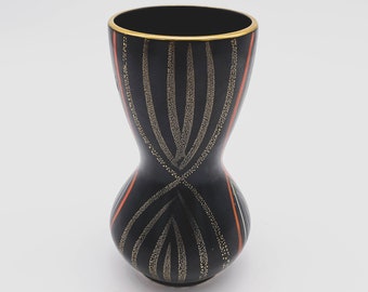 Vintage Mid-Century Modern Vase from Germany, Beautiful Black base w/ Gold speckled glaze and orange detailing