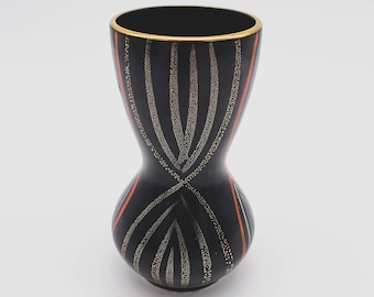 Vintage Mid-Century Modern Vase from Germany, Beautiful Black base w/ Gold speckled glaze and orange detailing